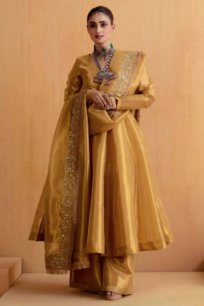 Antique gold anarkali and farshi salwar set