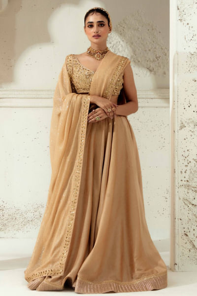 Gold embroidered blended silk lehenga set