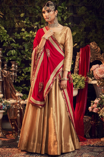 Gold-crimson wine silk tissue lehenga set