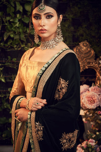 Oxidized gold silk tissue lehenga set