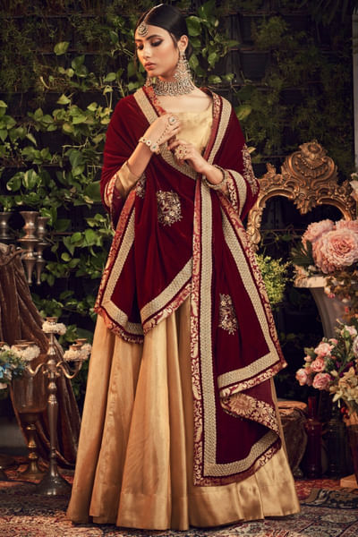 Oxidised gold-maroon silk tissue lehenga set
