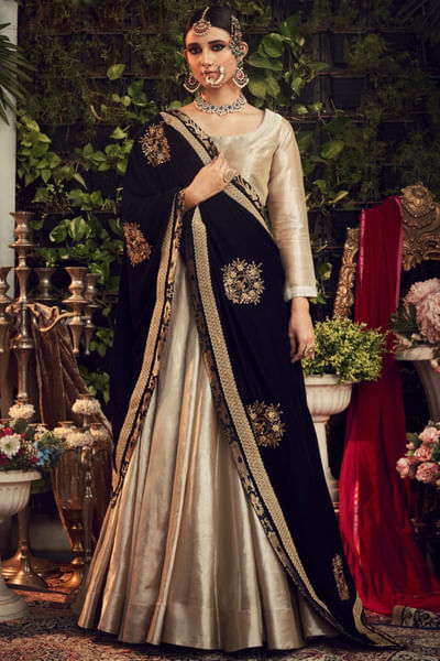 Champagne silk tissue lehenga set