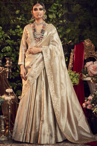 Champagne silk tissue flared lehenga set
