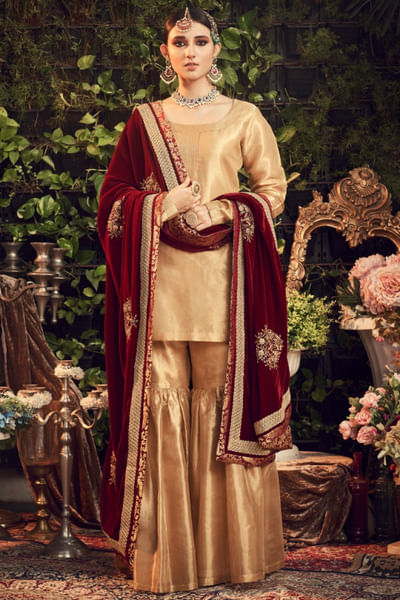 Gold-rosewood maroon silk tissue gharara set