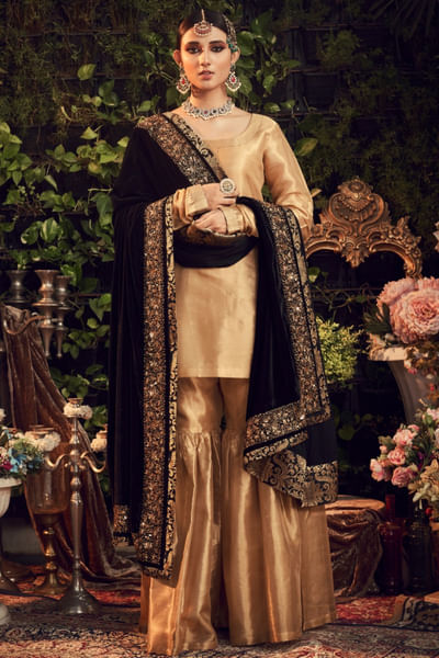 Gold and black silk tissue gharara set