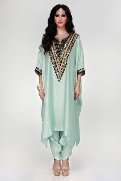 Powder blue embroidered kaftan set