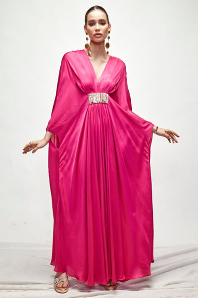 Fuchsia pleated and bead embroidered kaftan