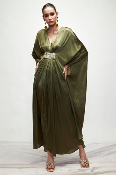 Olive green pleated-bead embroidered kaftan