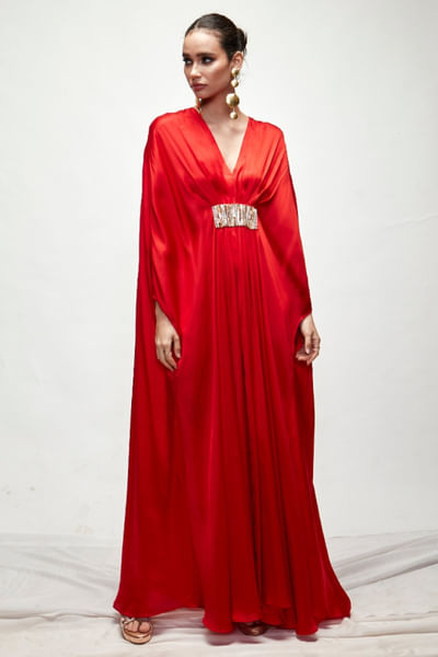 Red pleated and bead embroidered kaftan