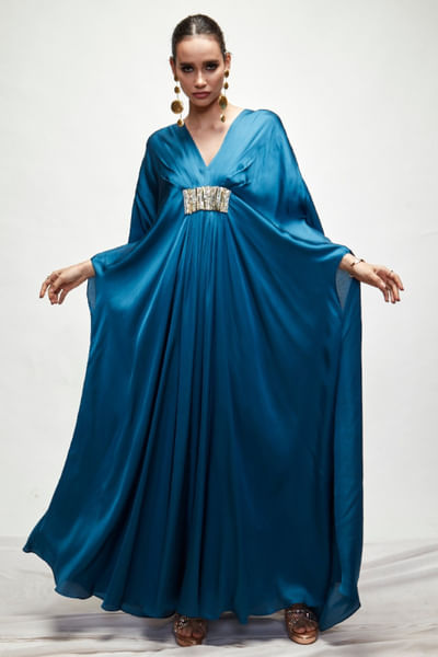 Persian blue pleated-bead embroidered kaftan