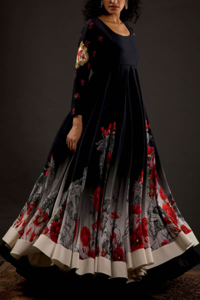 Black ombre printed anarkali set