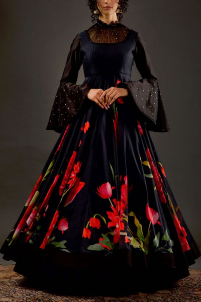 Black printed chanderi anarkali set