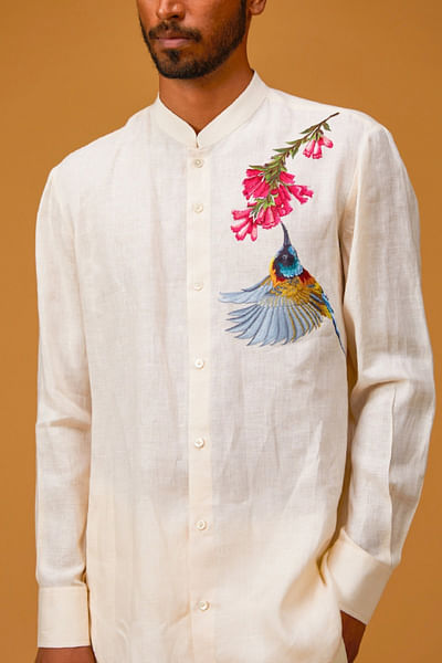 Ivory bird and floral embroidered shirt