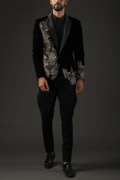 Black embroidered tuxedo suit