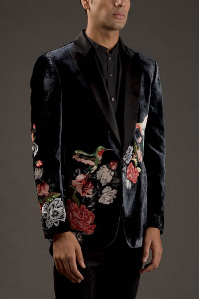 Black embroidered tuxedo suit