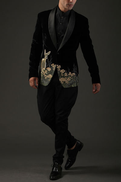 Black embroidered tuxedo suit