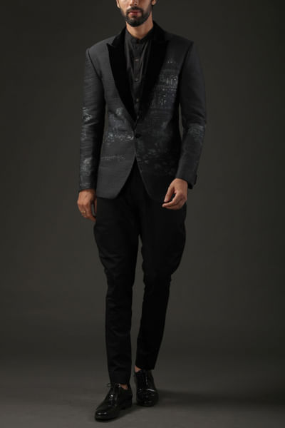 Black printed tuxedo suit