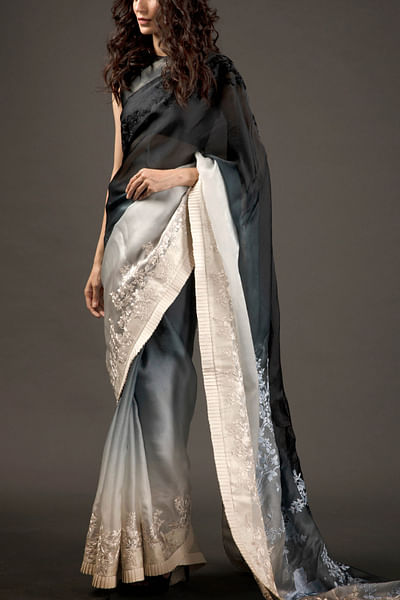 Ivory and black organza sari set