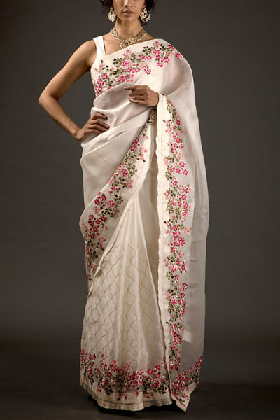 Ivory embroidered organza sari set