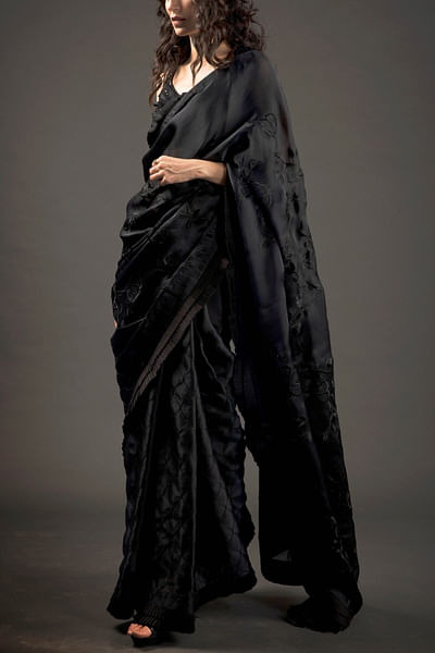 Black embellished organza sari set