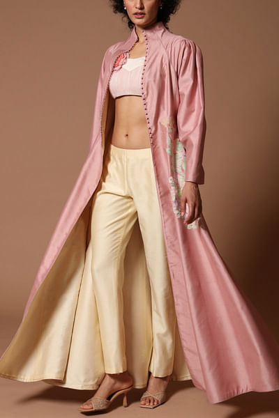 Rose pink chanderi jacket set