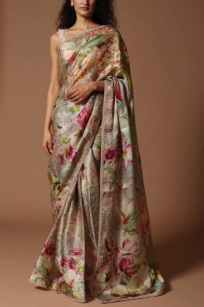 Ivory printed chanderi sari