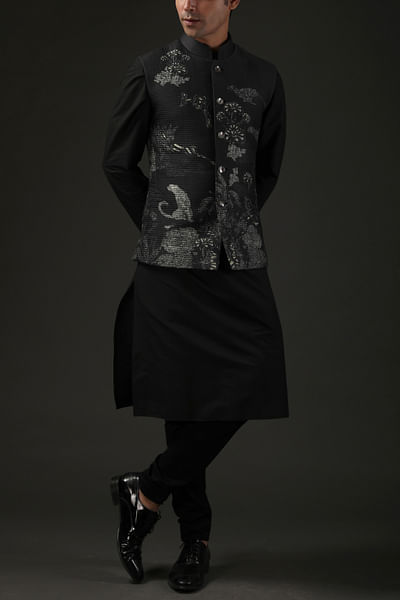 Black shibori printed Nehru jacket