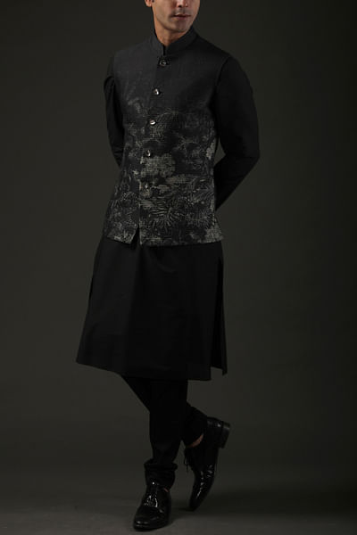 Black shibori printed Nehru jacket