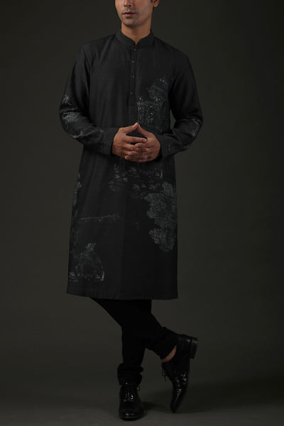 Black printed chanderi silk kurta set