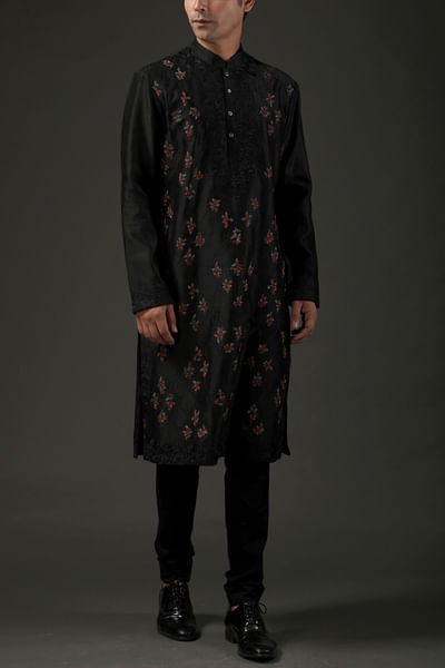 Black embroidered chanderi silk kurta set