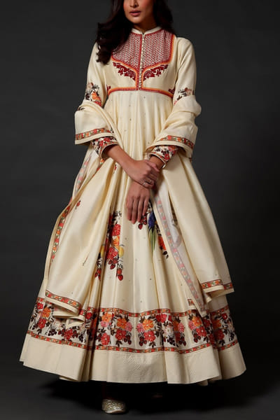 Ivory chanderi printed anarkali set