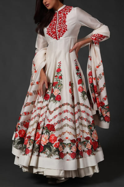 Ivory printed chanderi anarkali set