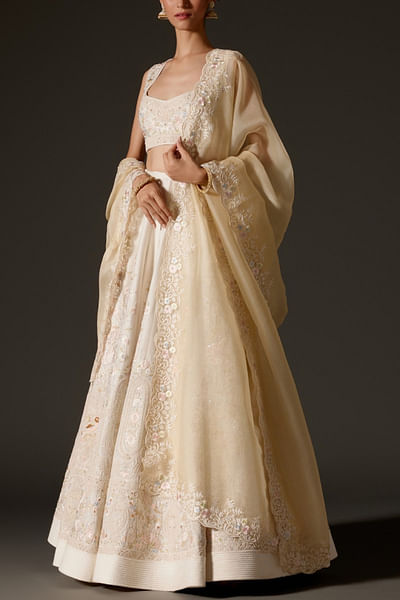 Ivory floral and bird embroidered lehenga set