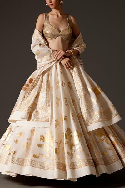 Ivory floral and deer foil printed lehenga set