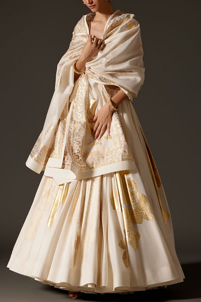Ivory floral and leaf foil printed lehenga set