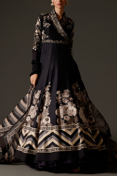 Black floral printed angrakha anarkali set