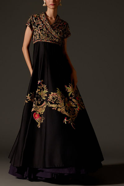 Black floral embroidered angrakha anarkali set