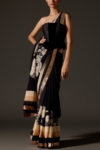 Black and ivory floral printed sari set
