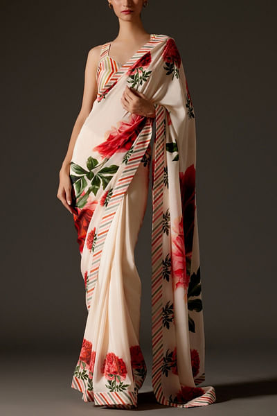 Ivory floral print sari set