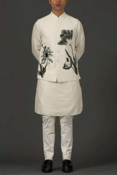 Ivory linen printed Nehru jacket