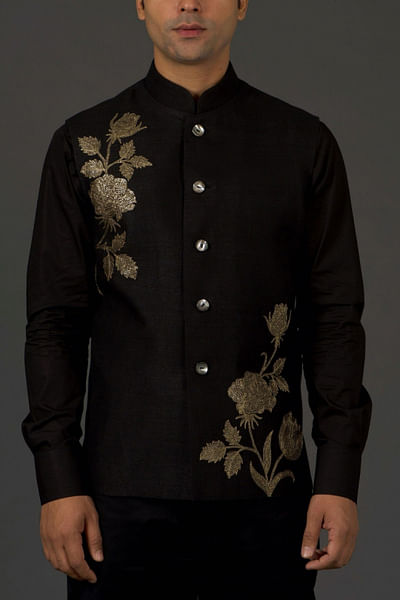 Black embroidered linen Nehru jacket