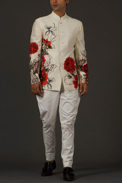 Ivory printed linen bandhgala