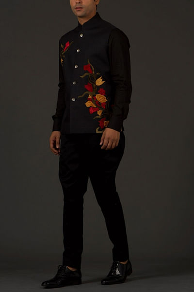 Black floral embroidered bandhgala