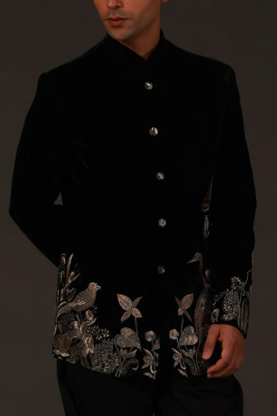 Black silk velvet bandhgala