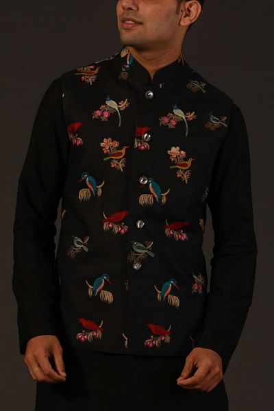 Black printed linen Nehru jacket