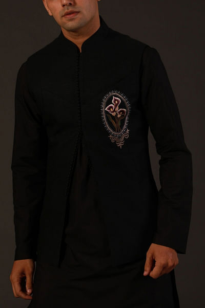 Black matka silk Nehru jacket