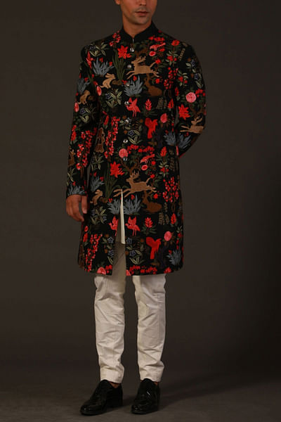 Black floral embroidered sherwani
