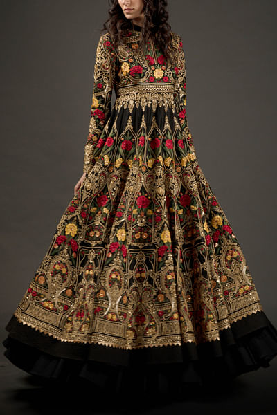 Black embroidered chanderi anarkali set