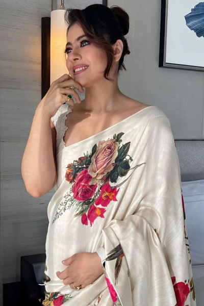 Ivory floral print saree set