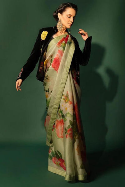 Mint green floral print organza saree set